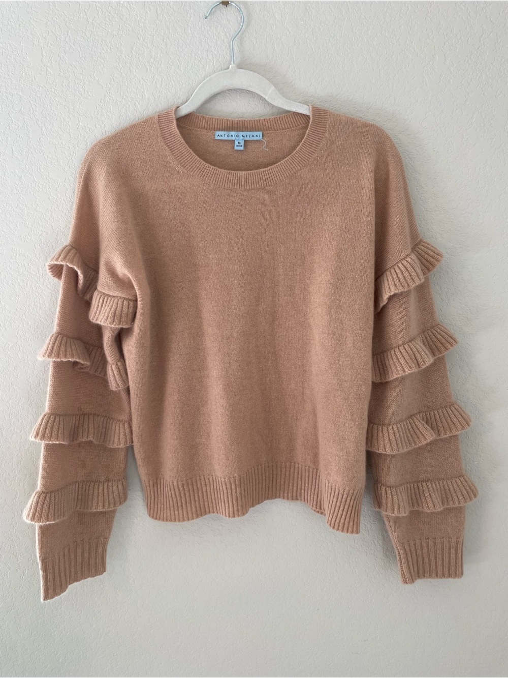 Antonio Melani Cashmere Ruffled Sweater Tan Long Sleeves Medium